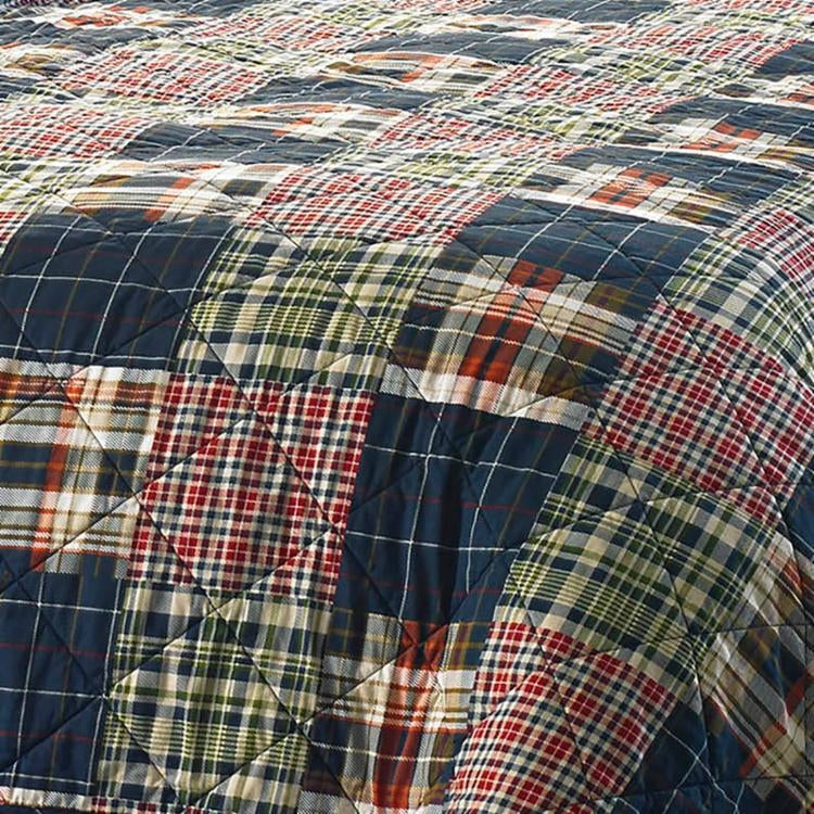 Full / Queen Farmhouse Red Navy Plaid 100-Percent Cotton Reversible Quilt Set - Image 2