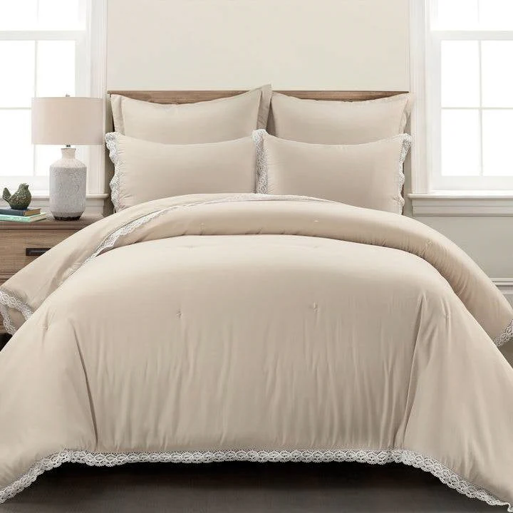 Full/Queen French Country Beige 5-Piece Lightweight Comforter Set w/ Lace Trim - Image 2