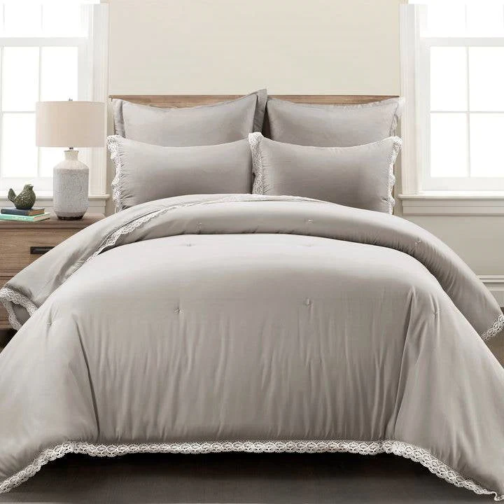 Full/Queen French Country Grey 5-Piece Lightweight Comforter Set w/ Lace Trim - Image 2