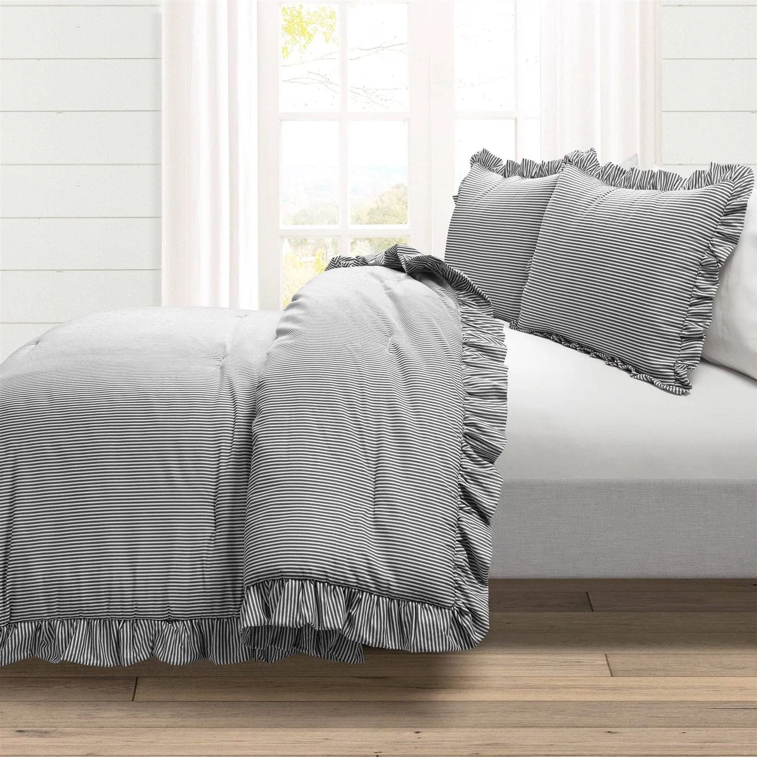 Full/Queen Grey White Stripe Ruffle Reversible 3 Piece Comforter Set - Image 2