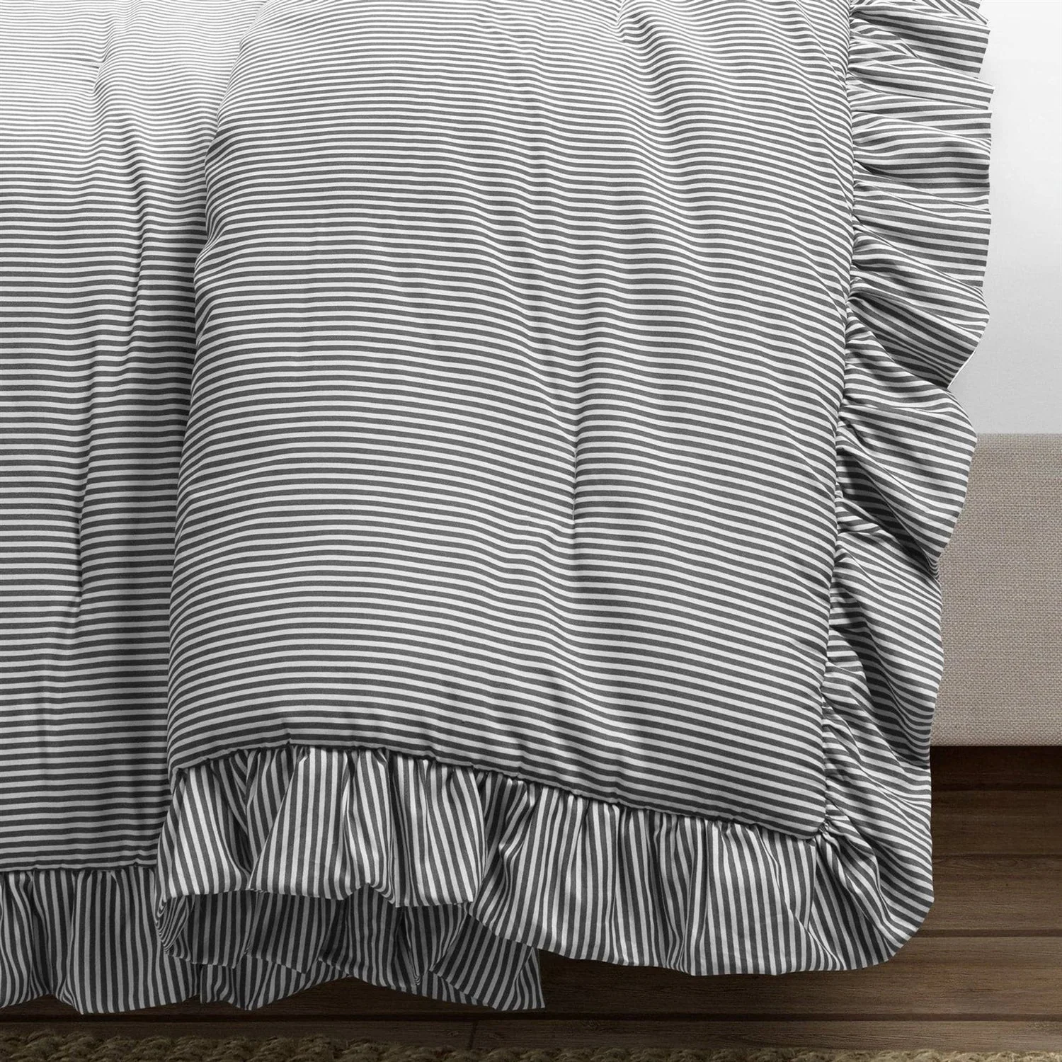 Full/Queen Grey White Stripe Ruffle Reversible 3 Piece Comforter Set - Image 5