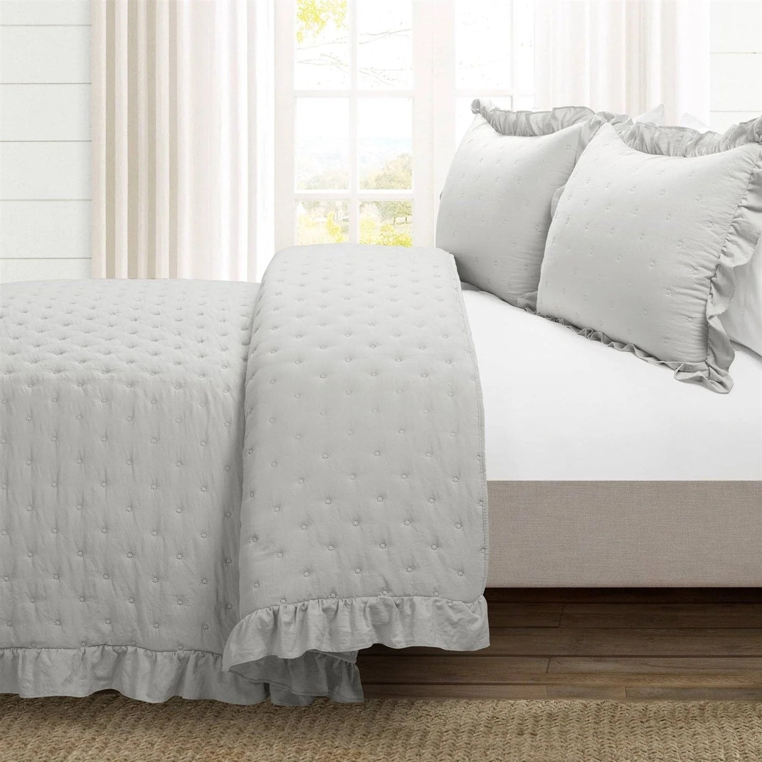 Full/Queen Lightweight Grey Ruffle Reversible Oversized 3 Piece Quilt Set - Image 2