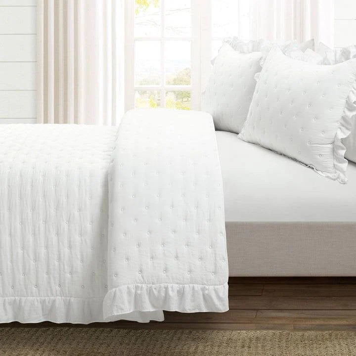 Full/Queen Lightweight White Ruffle Reversible Oversized 3 Piece Quilt Set - Image 2