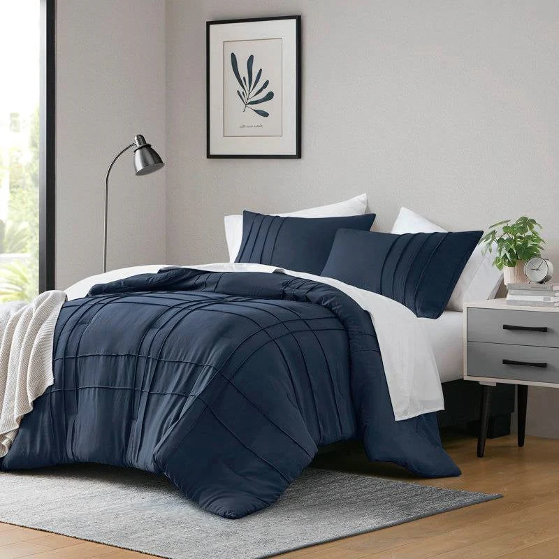 Full/Queen Microfiber Pleated Bohemian style Pre-Washed Comforter Set in Navy - Image 2