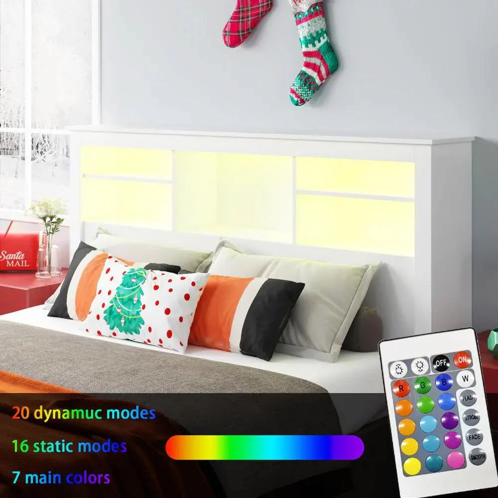 Full / Queen Modern Bookcase Headboard with LED Lights in White Wood Finish - Image 2
