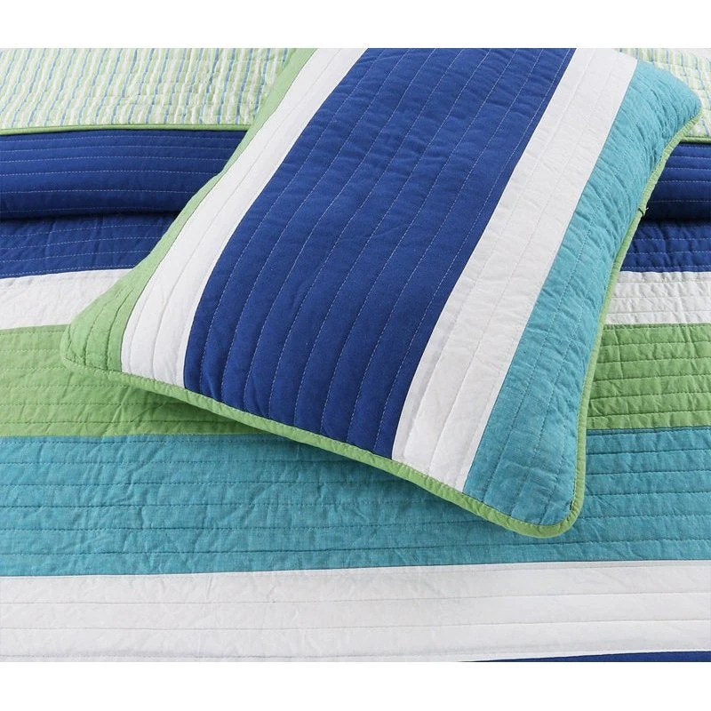 Full/Queen Navy Blue/Green/Teal/White Stripe 100-Percent Cotton Quilt Set - Image 2