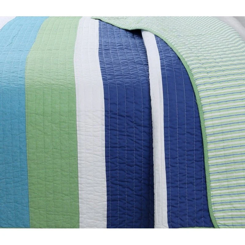 Full/Queen Navy Blue/Green/Teal/White Stripe 100-Percent Cotton Quilt Set - Image 3