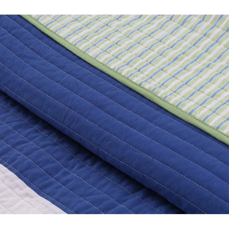 Full/Queen Navy Blue/Green/Teal/White Stripe 100-Percent Cotton Quilt Set - Image 4