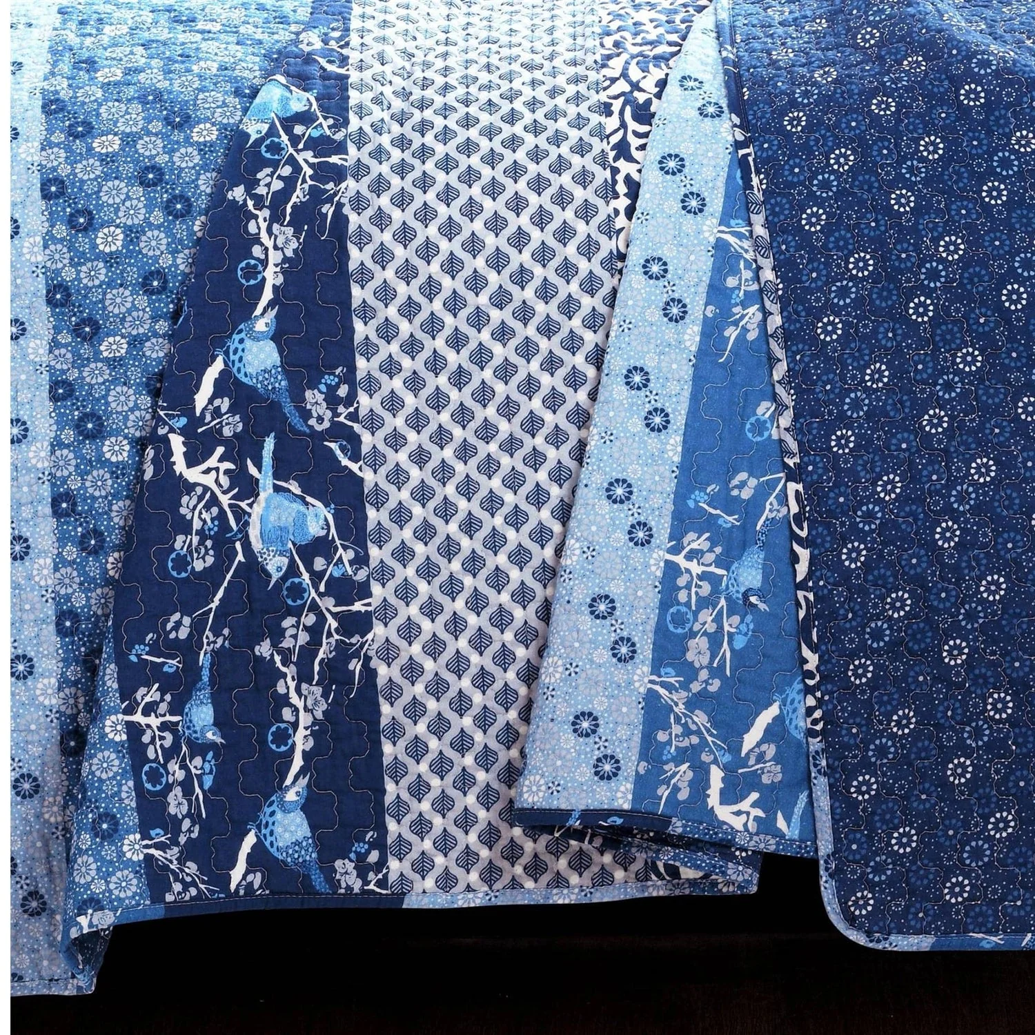 Full/Queen Navy White Light Blue Boho Floral Birds Reversible Quilt Set - Image 2