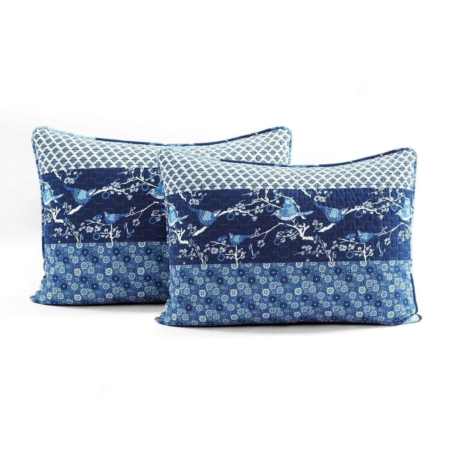 Full/Queen Navy White Light Blue Boho Floral Birds Reversible Quilt Set - Image 4