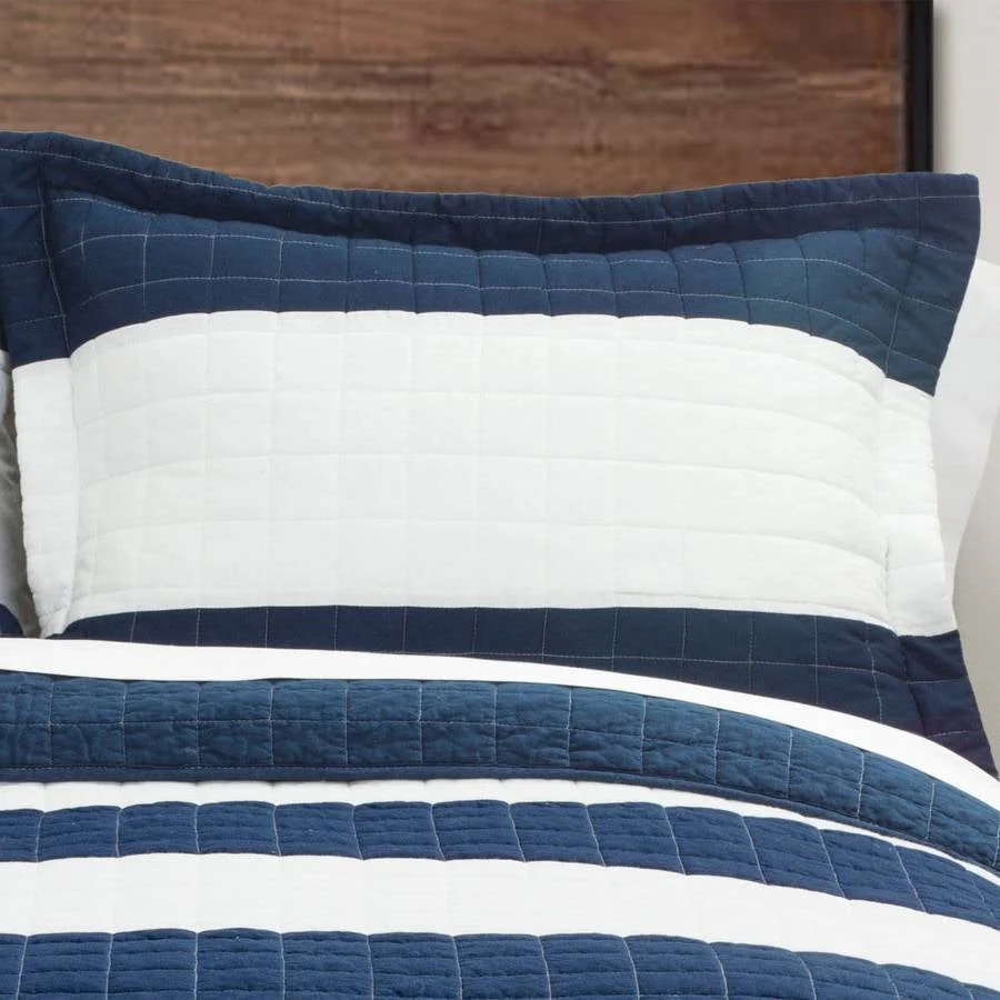 Full/Queen Navy White Stripe 3 Piece Cotton Lightweight Quilt Set - Image 2