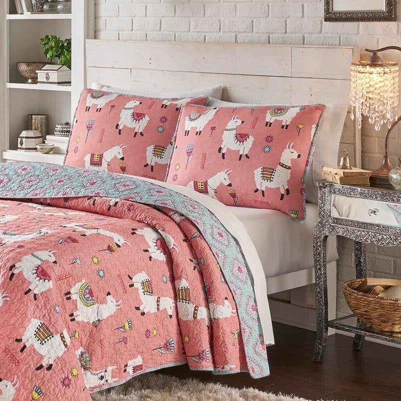 Full/Queen Pink Blue Reversible Floral Llama 100-Percent Cotton Quilt Set - Image 2