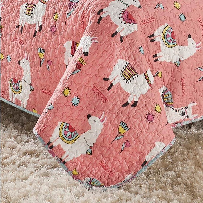 Full/Queen Pink Blue Reversible Floral Llama 100-Percent Cotton Quilt Set - Image 3