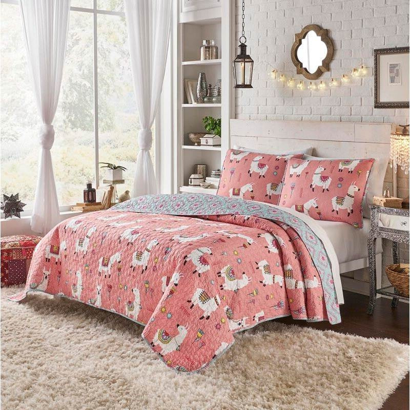 Full/Queen Pink Blue Reversible Floral Llama 100-Percent Cotton Quilt Set - Image 4