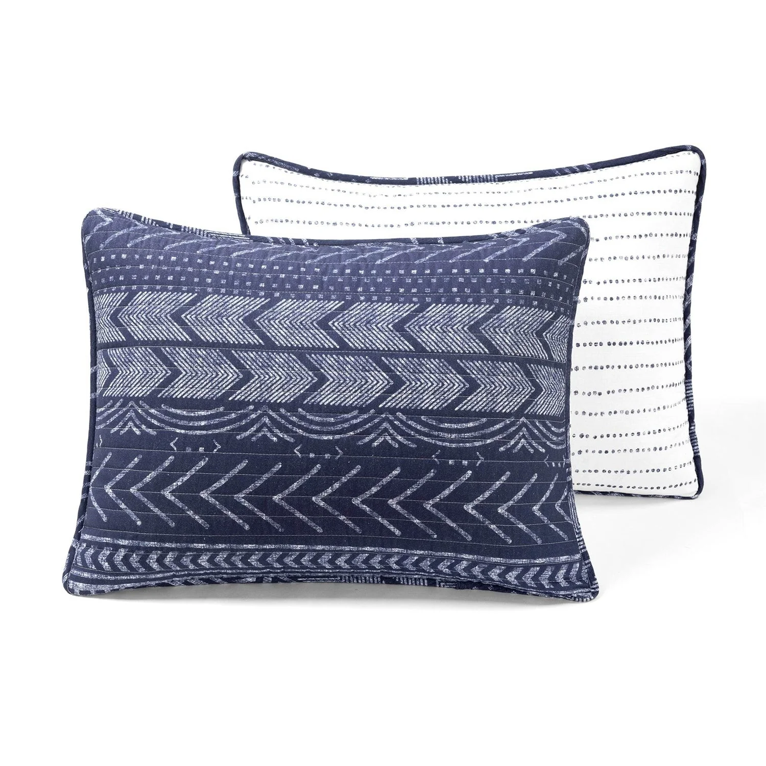 Full/Queen Scandinavian Chevron Navy Blue White Reversible Cotton Quilt Set - Image 5