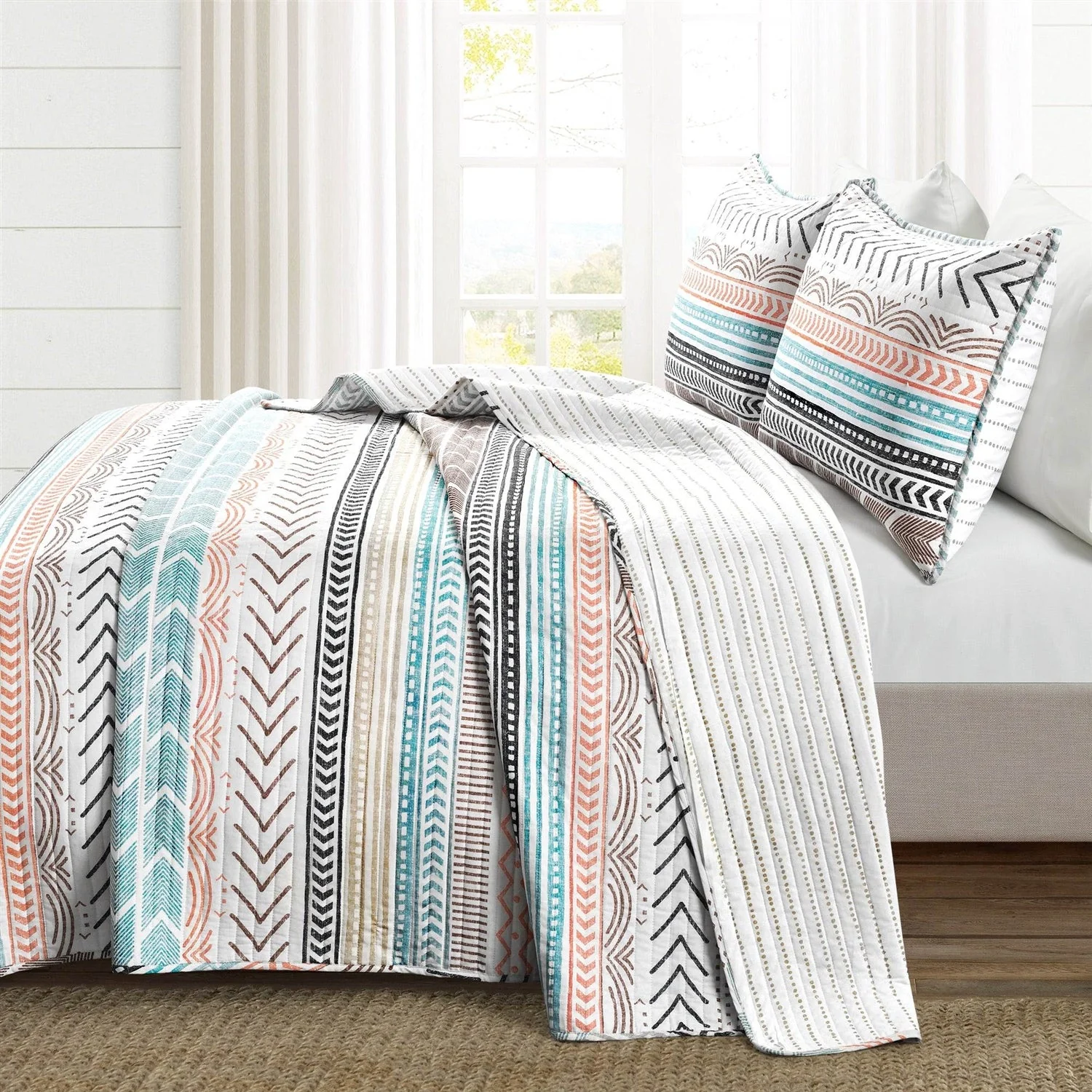 Full/Queen Scandinavian Chevron Teal White Orange Reversible Cotton Quilt Set - Image 2
