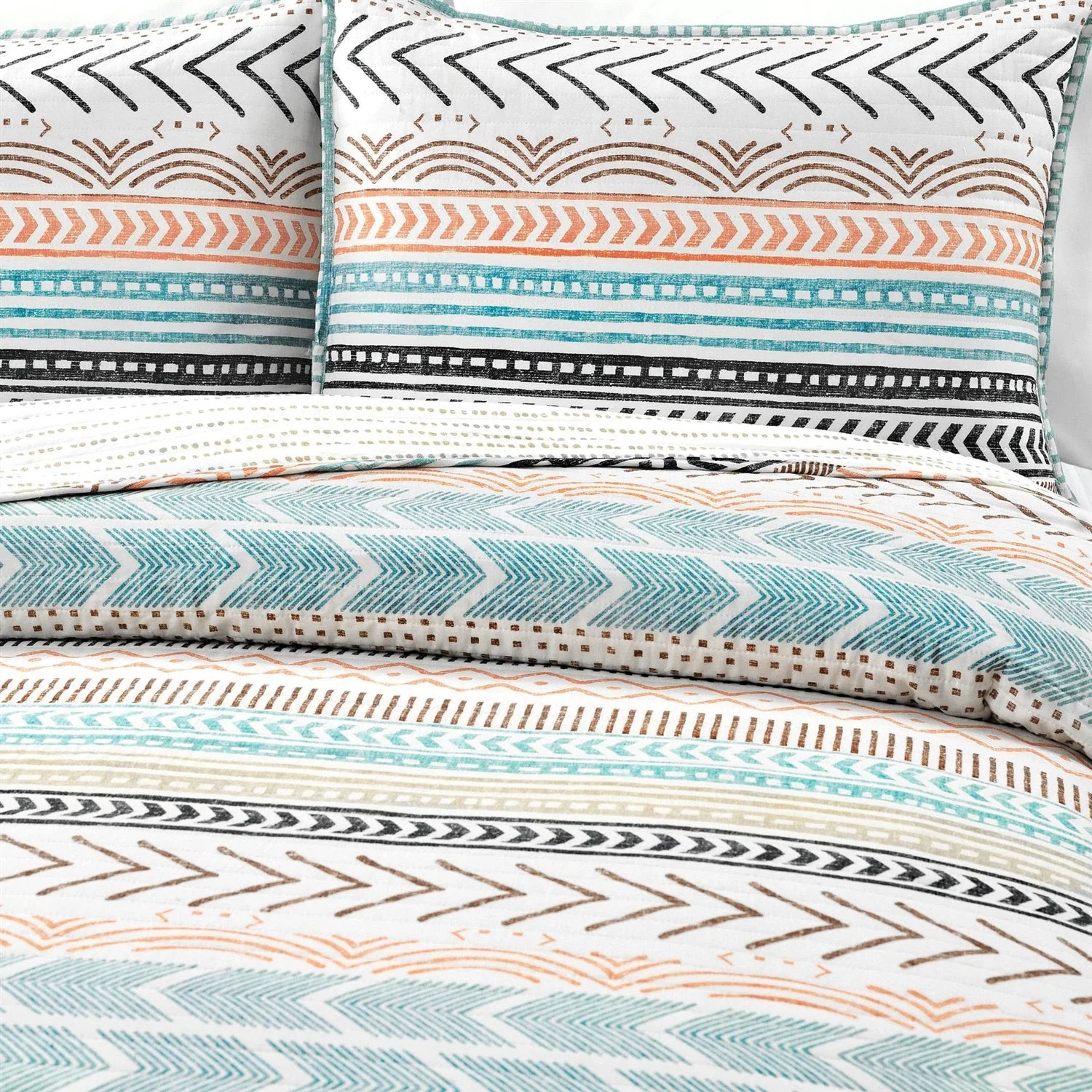 Full/Queen Scandinavian Chevron Teal White Orange Reversible Cotton Quilt Set - Image 3