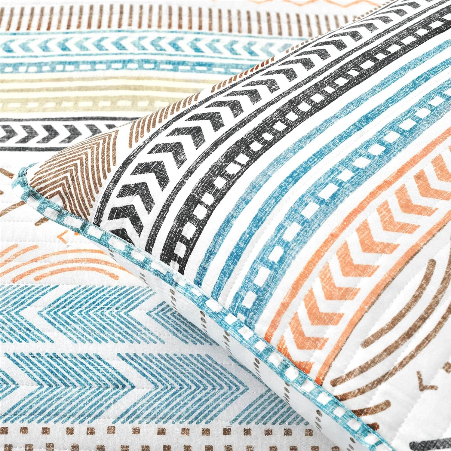 Full/Queen Scandinavian Chevron Teal White Orange Reversible Cotton Quilt Set - Image 4