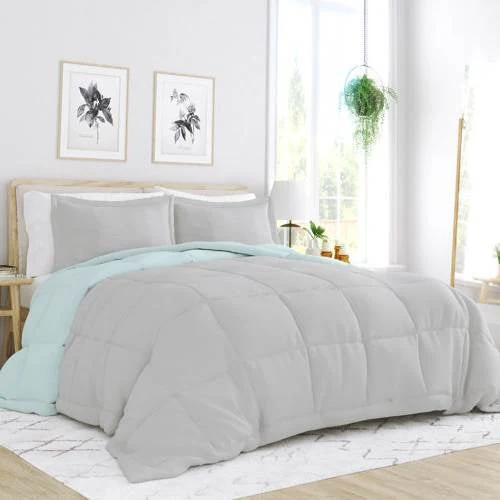 Full/Queen size 3-Piece Microfiber Reversible Comforter Set Aqua Blue and Grey - Image 2