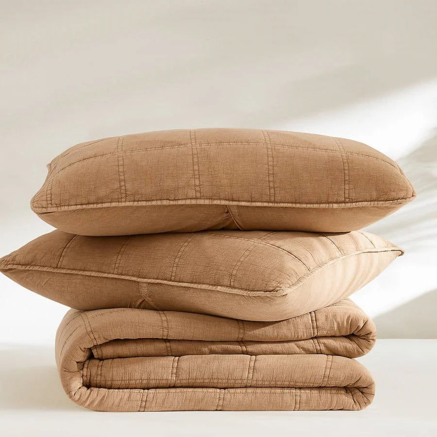 Full/Queen Size 3-Piece Taupe Brown Sienna Faded Stone Washed Cotton Quilt Set - Image 4