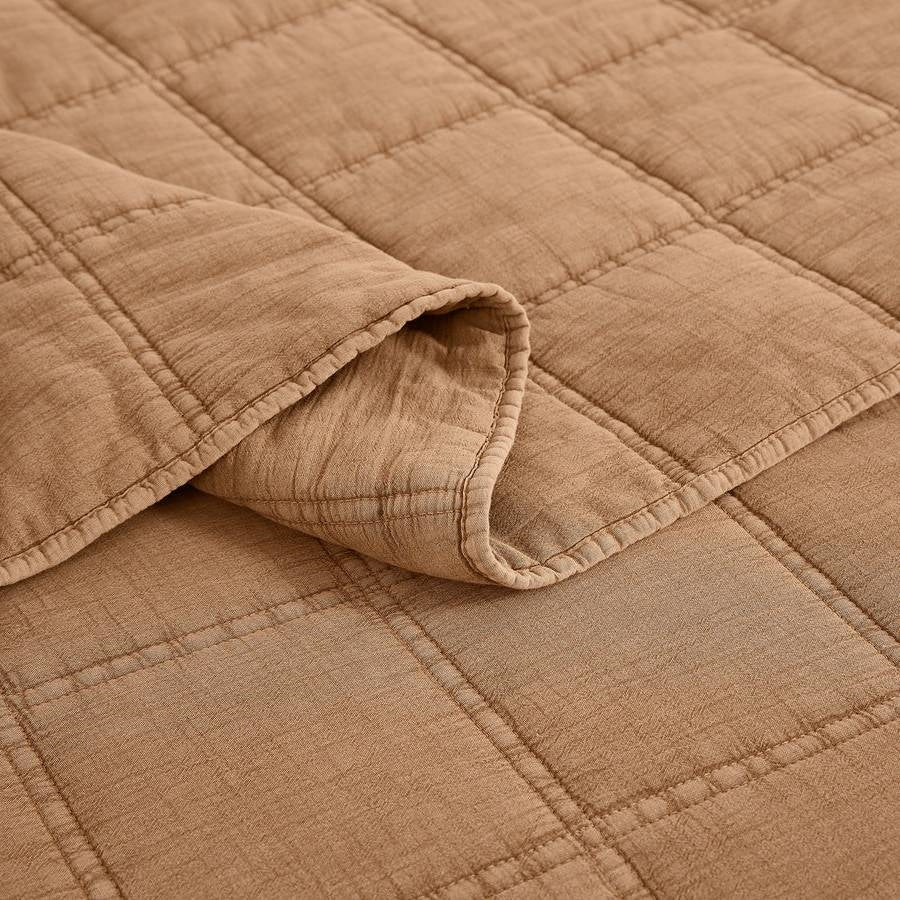 Full/Queen Size 3-Piece Taupe Brown Sienna Faded Stone Washed Cotton Quilt Set - Image 5