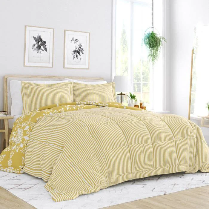 Full/Queen size 3-Piece Yellow White Reversible Floral Striped Comforter Set - Image 2