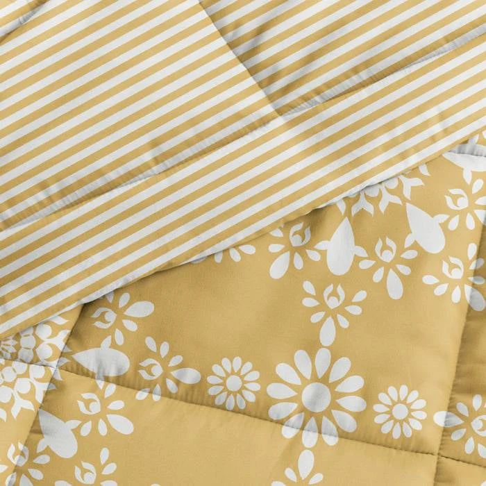 Full/Queen size 3-Piece Yellow White Reversible Floral Striped Comforter Set - Image 4