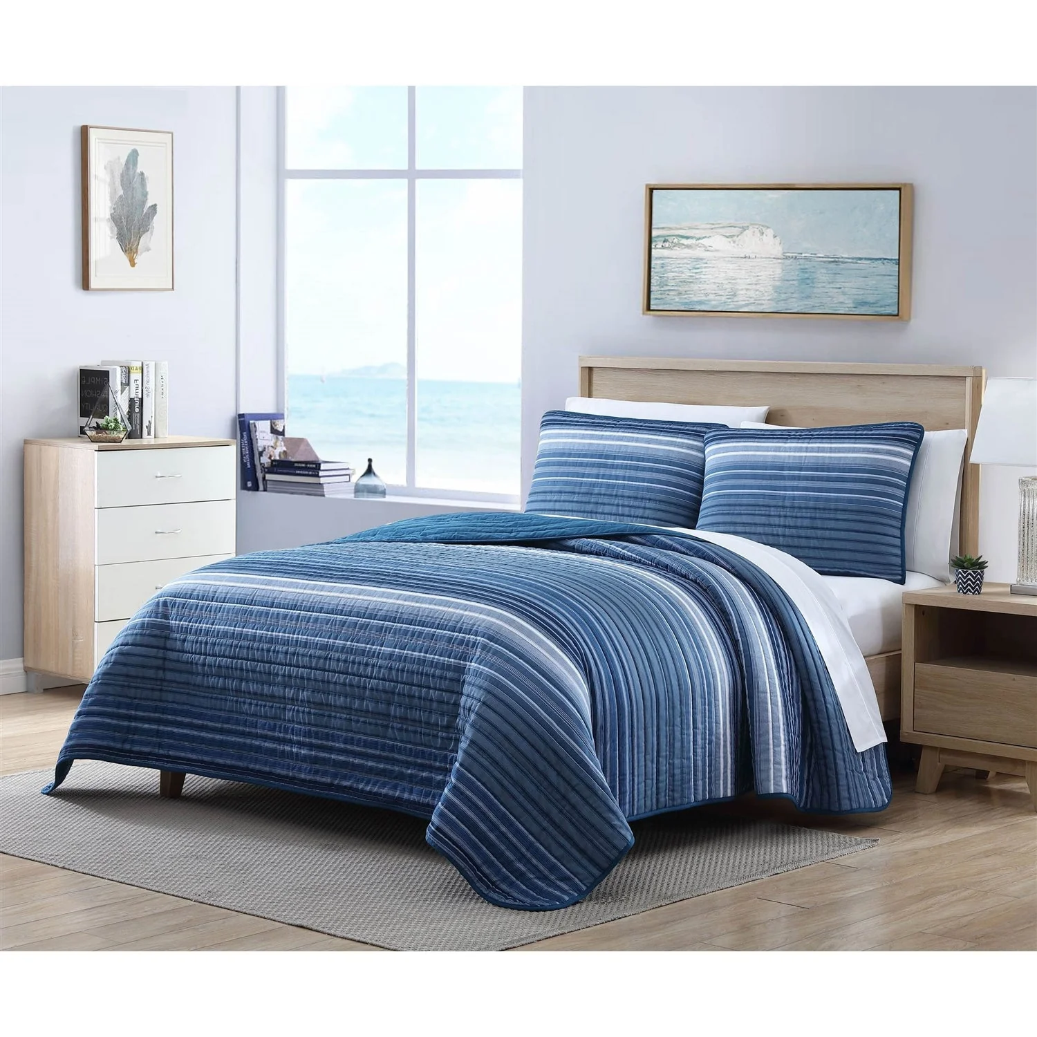 Full/Queen Size Coastal Blue Stripe Reversible Cotton Quilt Set - Image 2
