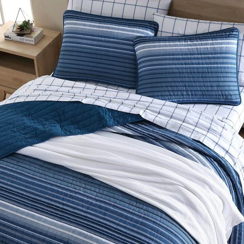 Full/Queen Size Coastal Blue Stripe Reversible Cotton Quilt Set - Image 3