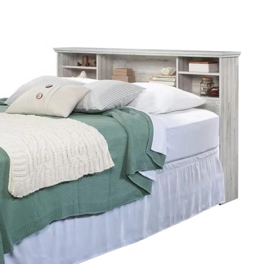 Full / Queen size Farmhouse Bookcase Headboard in Grey White Wood Finish - Image 2