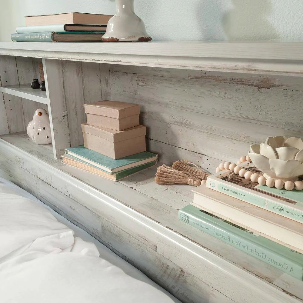 Full / Queen size Farmhouse Bookcase Headboard in Grey White Wood Finish - Image 4