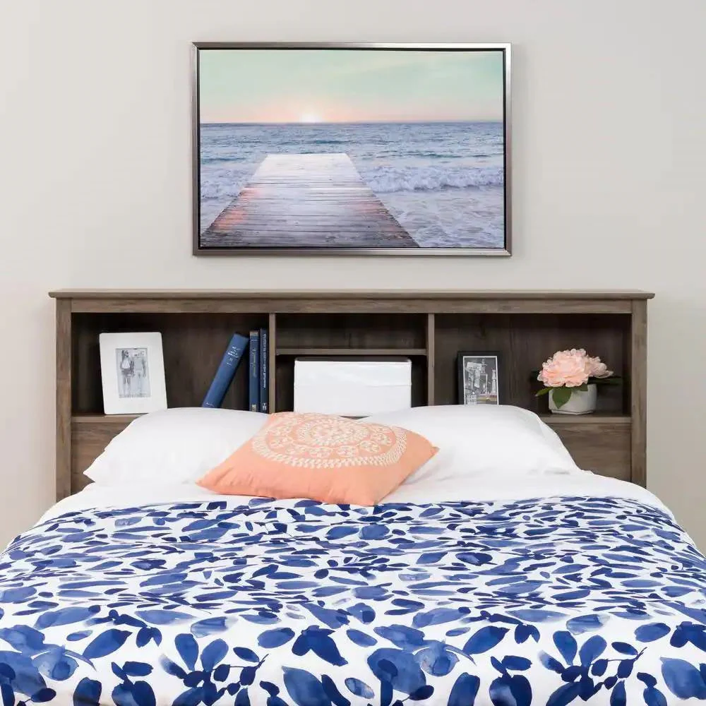 Full / Queen size Freestanding Bookcase Headboard in Grey Brown Wood Finish - Image 2
