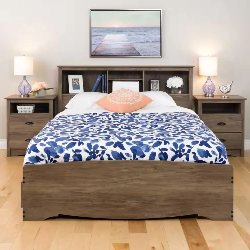 Full / Queen size Freestanding Bookcase Headboard in Grey Brown Wood Finish - Image 3