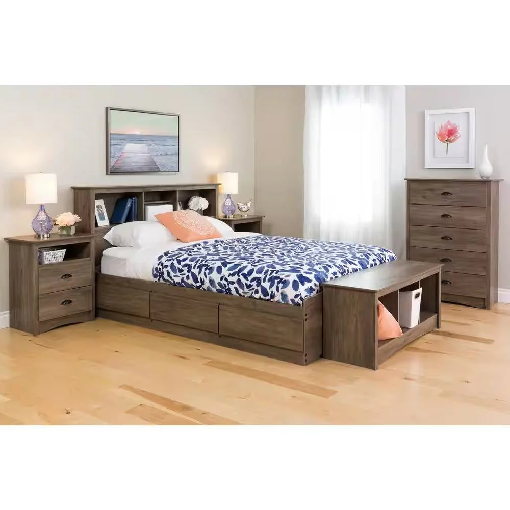 Full / Queen size Freestanding Bookcase Headboard in Grey Brown Wood Finish - Image 4