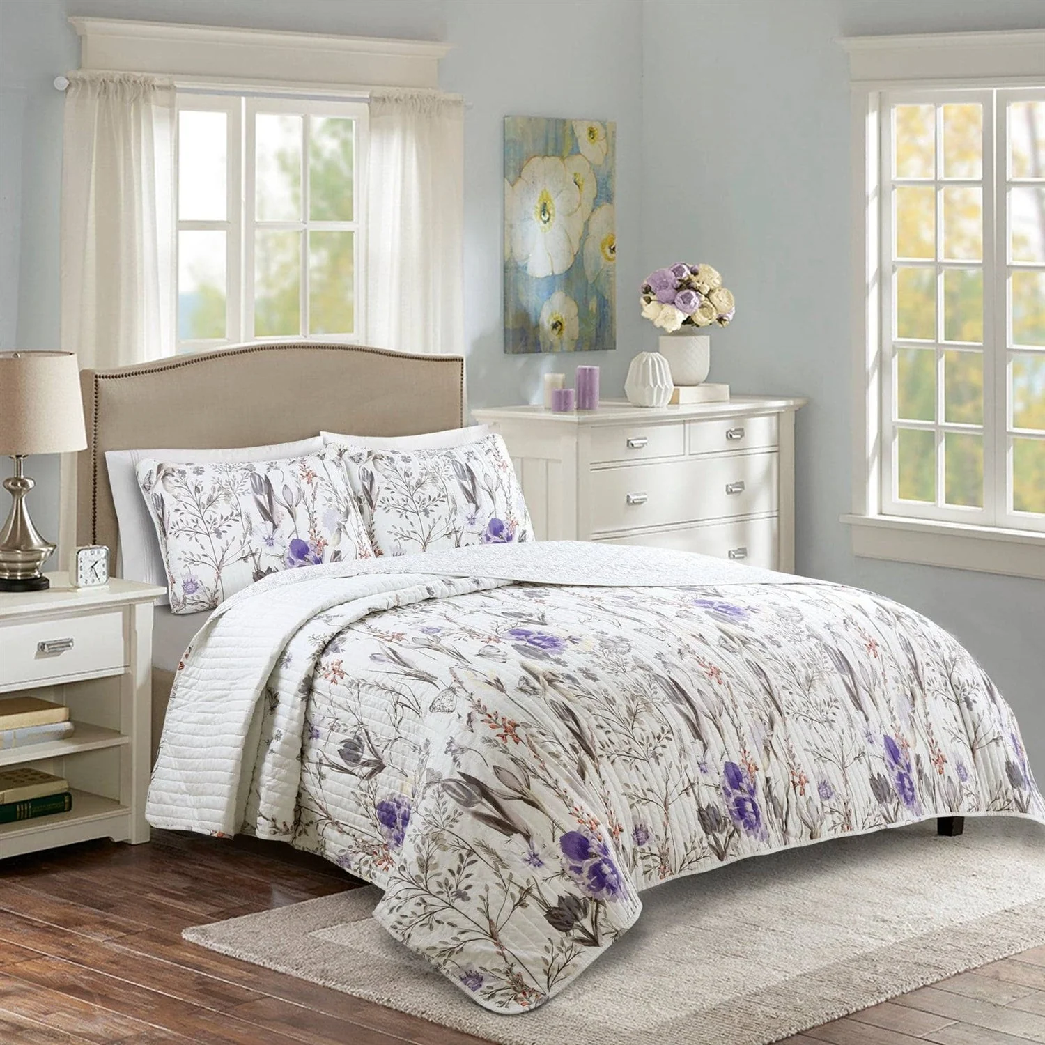 Full/Queen Size Lightweight Purple Grey White Floral Quilt Set - Image 2