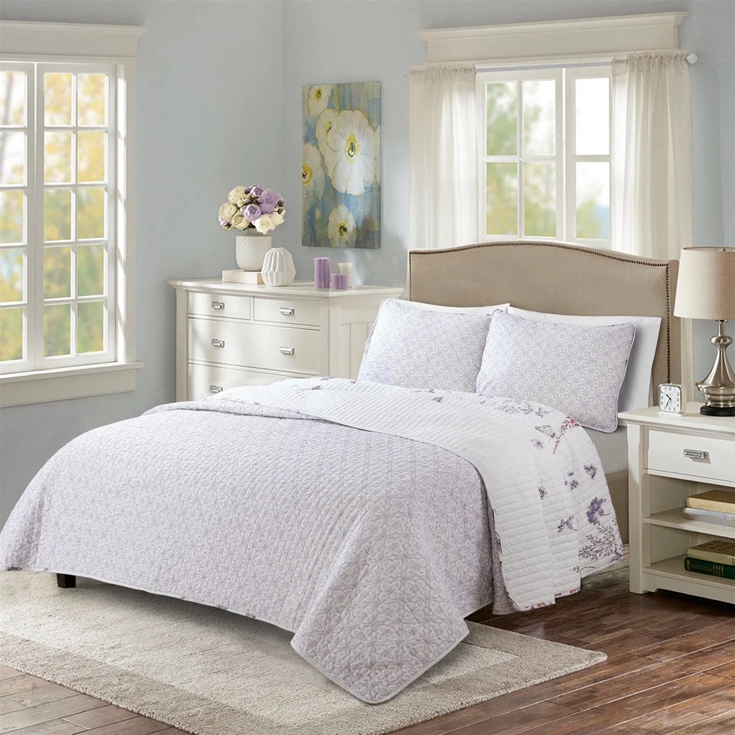 Full/Queen Size Lightweight Purple Grey White Floral Quilt Set - Image 3