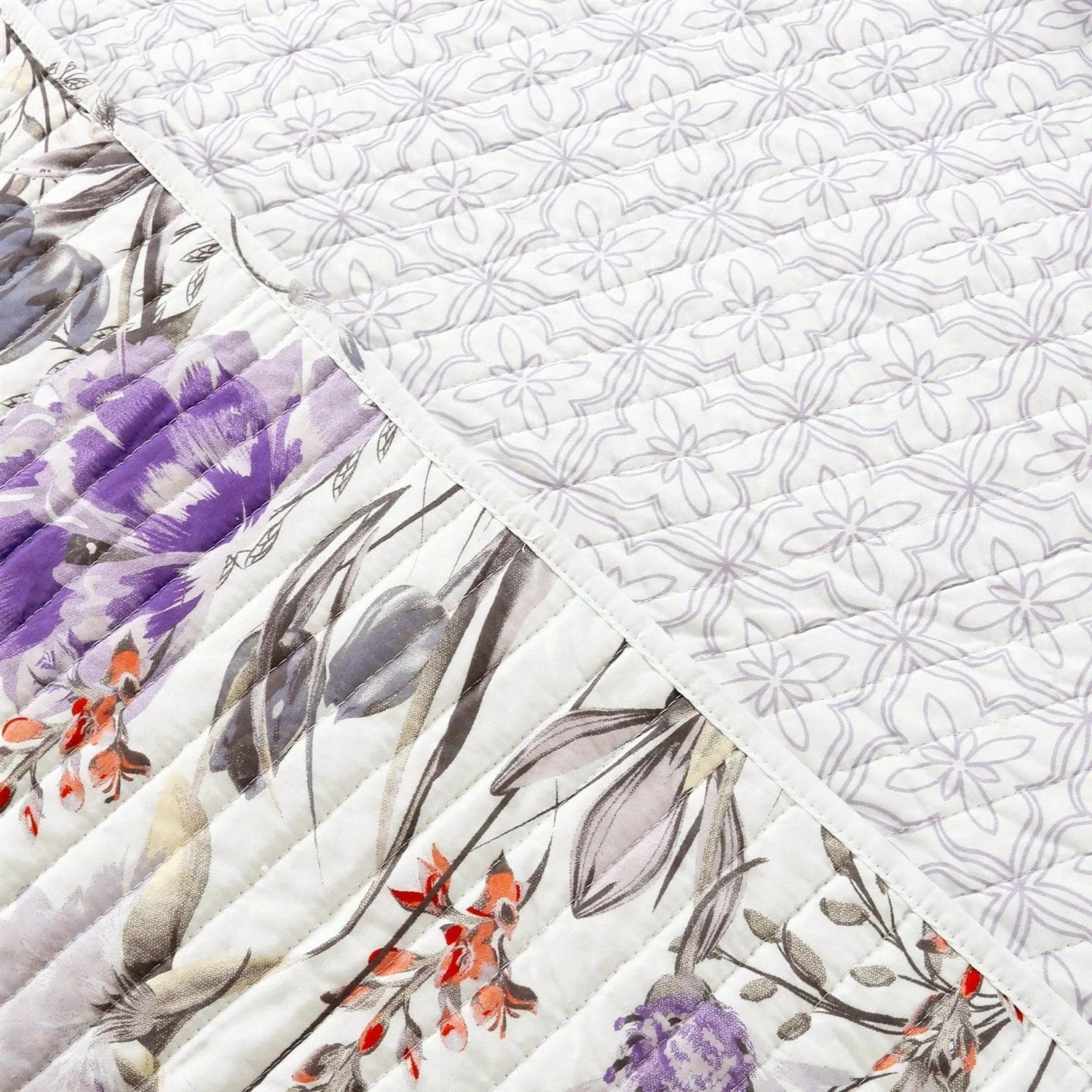 Full/Queen Size Lightweight Purple Grey White Floral Quilt Set - Image 4