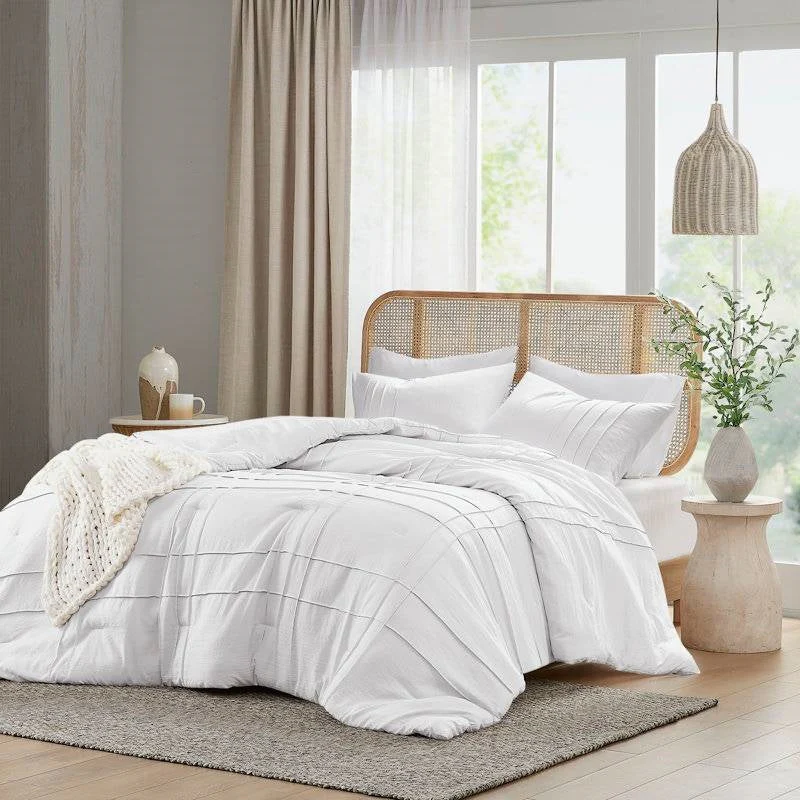 Full/Queen Size Microfiber Pleated Soft Washed Comforter Set White - Image 2