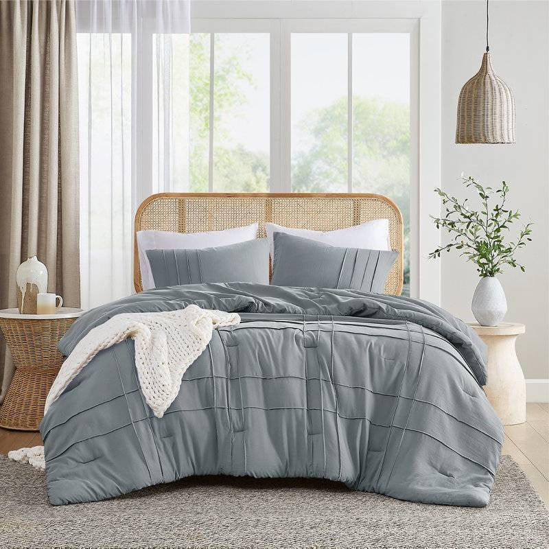 Full/Queen size Pleated Pre-Washed Microfiber Comforter Set in Blue Grey - Image 2