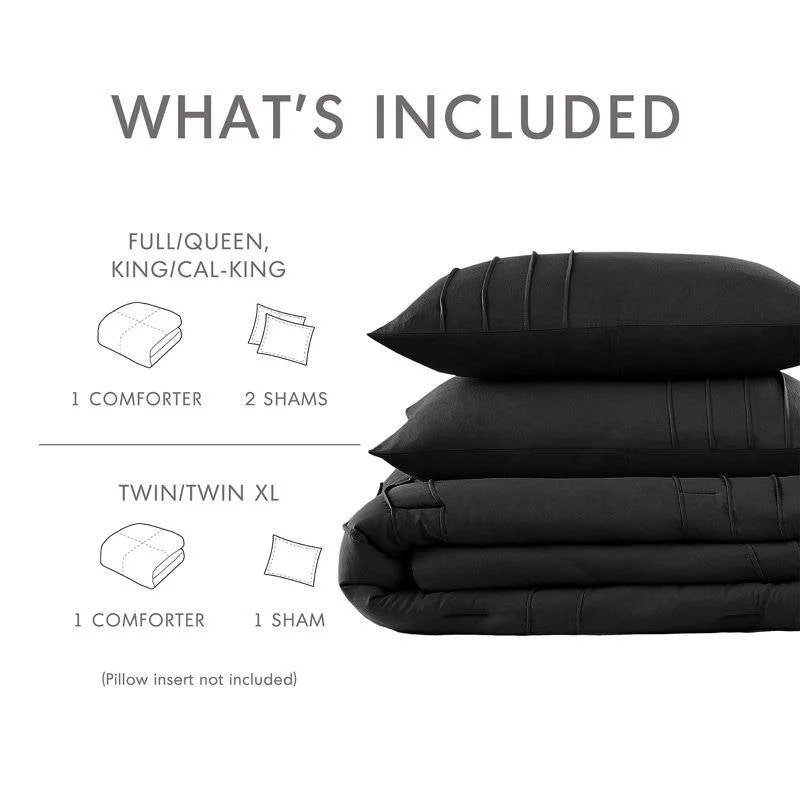 Full/Queen size Pre-Washed Pleated Microfiber Comforter Set in Black - Image 5