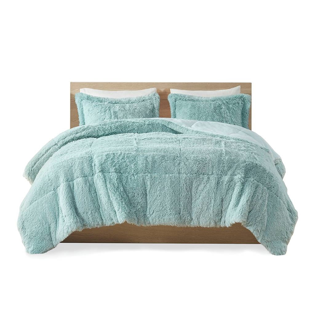Full/Queen Soft Sherpa Faux Fur 3-Piece Comforter Set in Light Teal Blue - Image 4