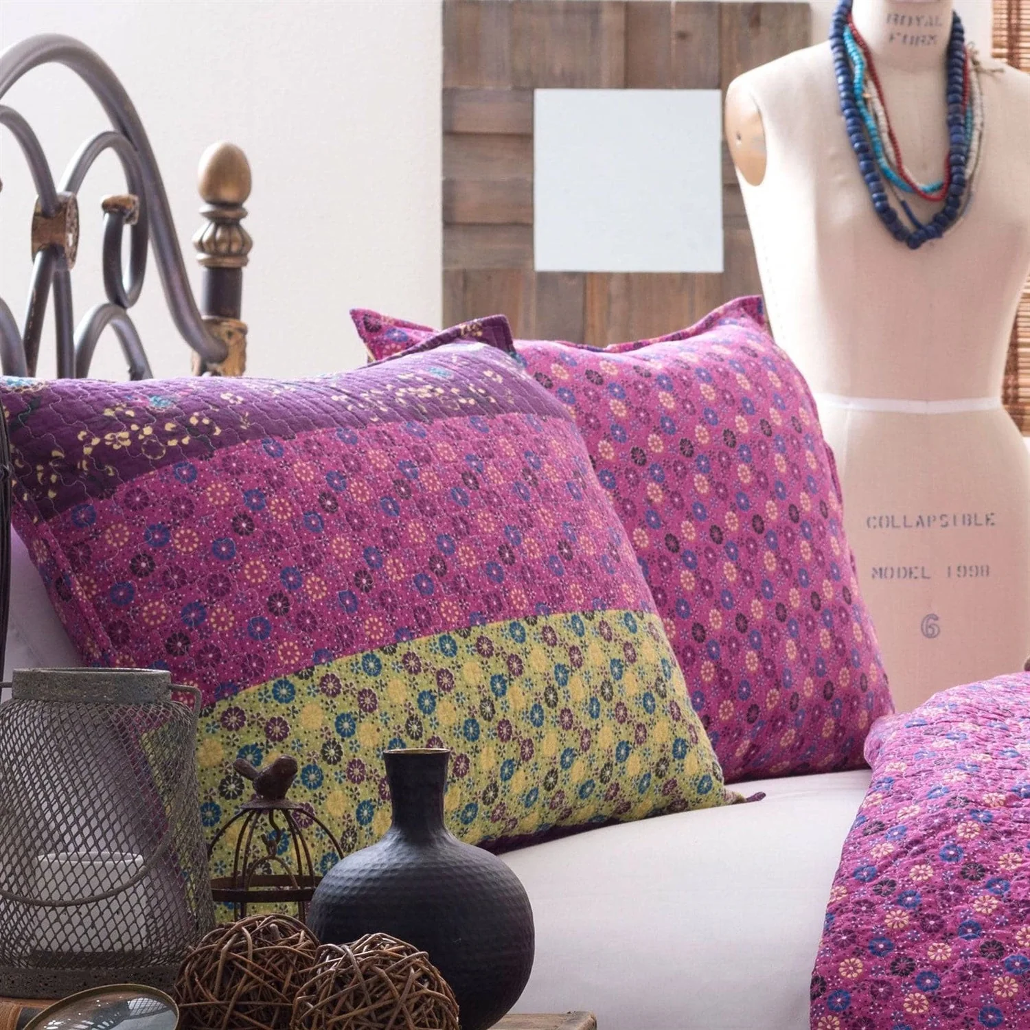 Full/Queen Vibrant Purple Yellow Boho Floral Reversible Lightweight Quilt Set - Image 2