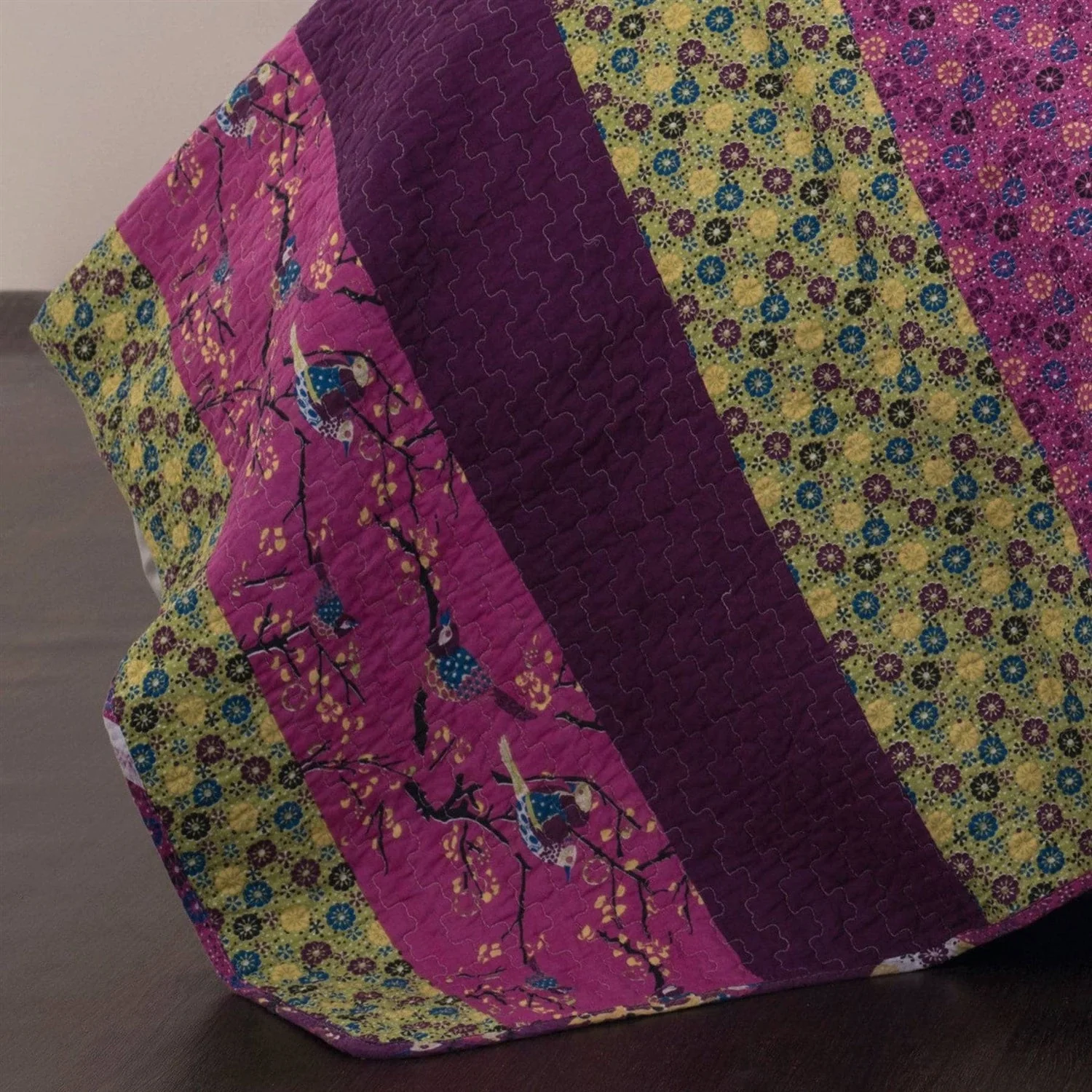 Full/Queen Vibrant Purple Yellow Boho Floral Reversible Lightweight Quilt Set - Image 3