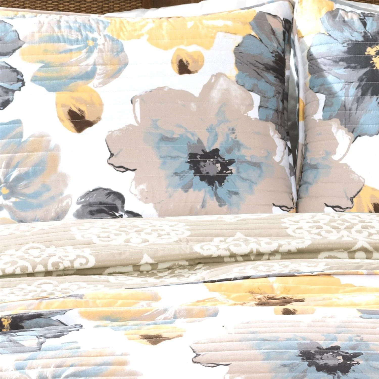 Full/Queen White Yellow Grey Flowers Lightweight Polyester Microfiber Quilt Set - Image 2