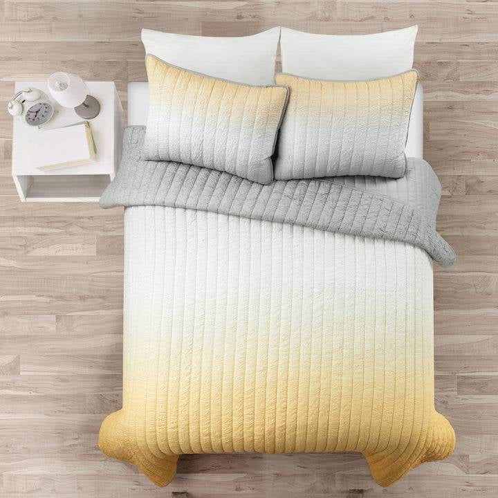 Full/Queen Yellow Orange Grey Lightweight Crinkle Fabric 3 Piece Quilt Set - Image 2