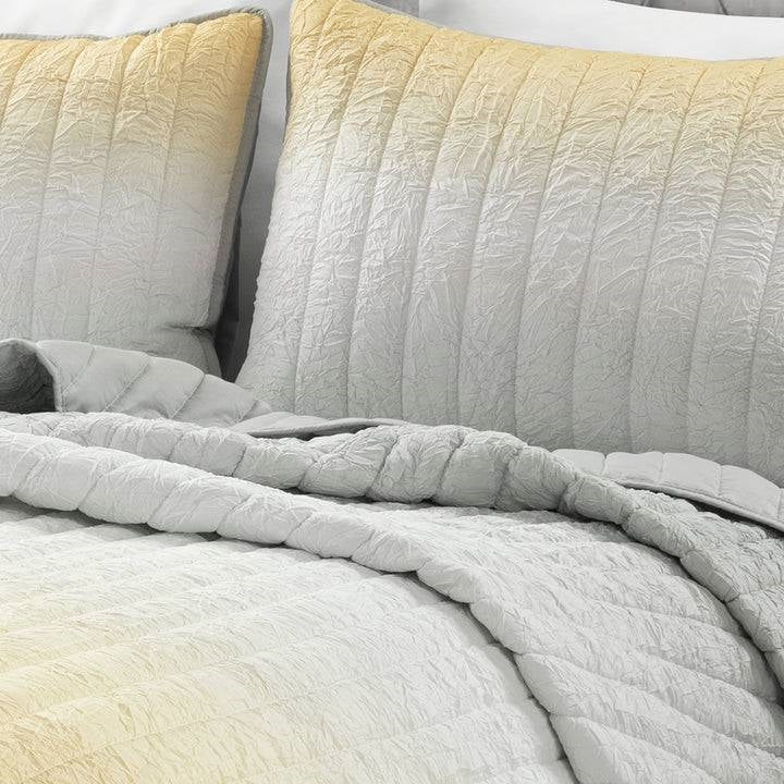 Full/Queen Yellow Orange Grey Lightweight Crinkle Fabric 3 Piece Quilt Set - Image 3