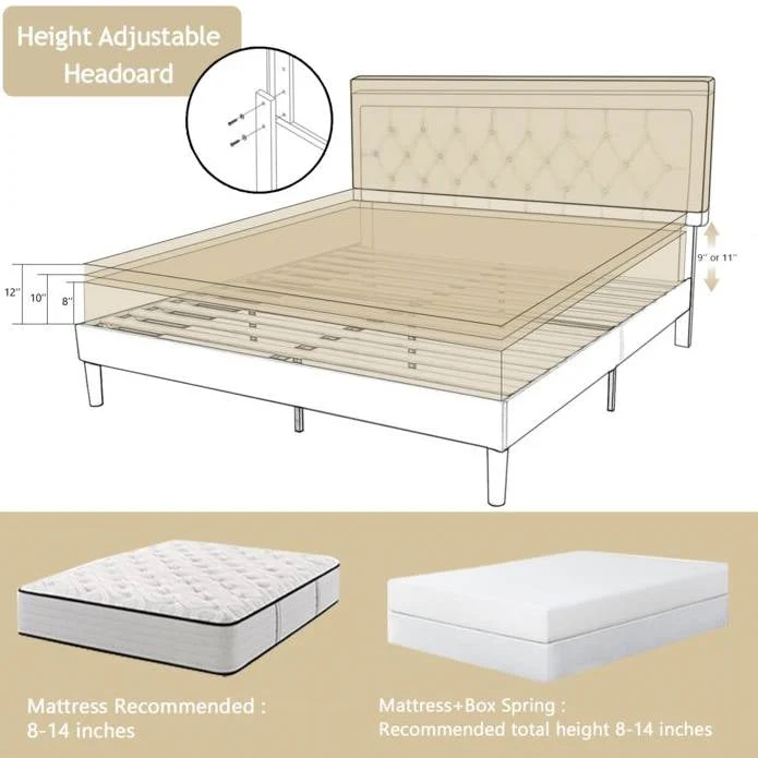 Full Size Adjustable Height Platform Bed Frame with Beige Upholstered Headboard - Image 5