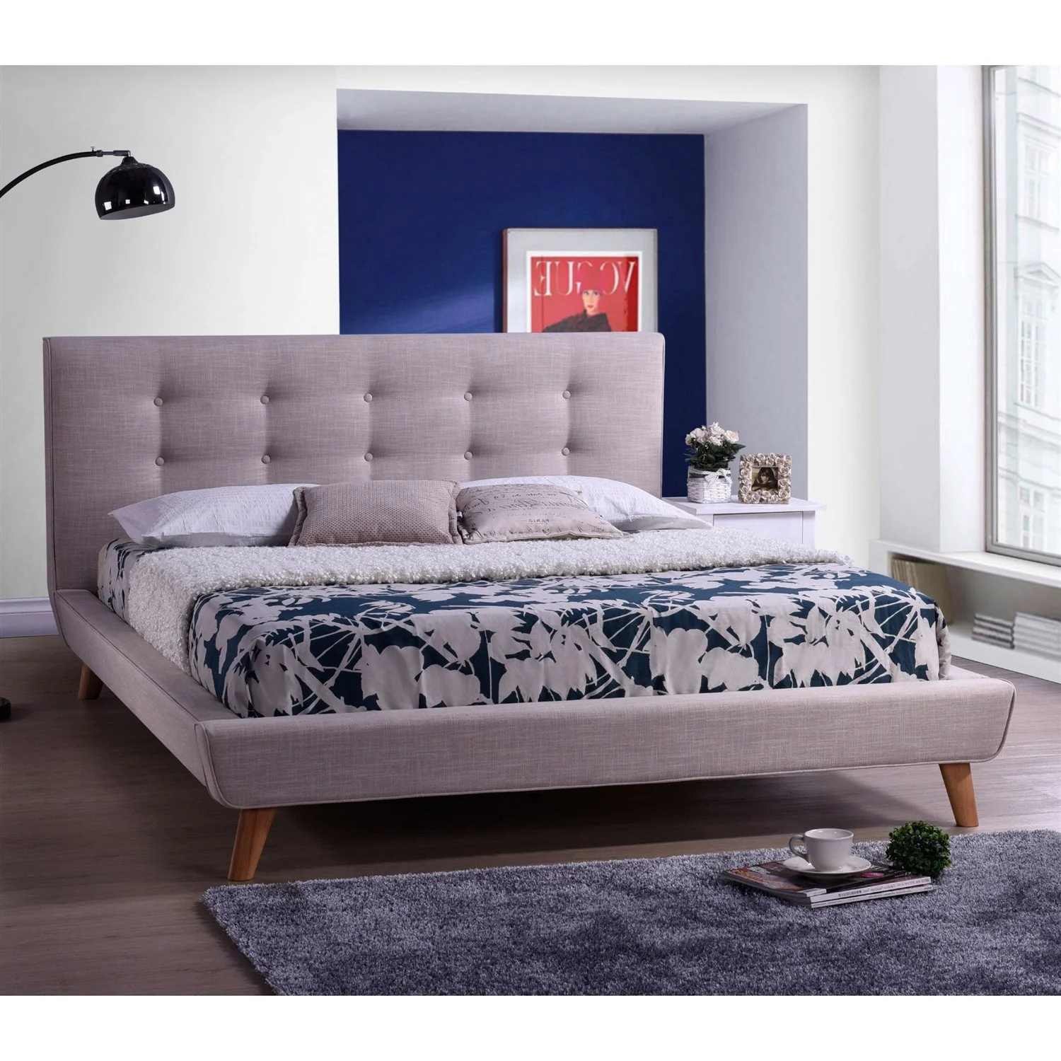 Full size Beige Linen Upholstered Platform Bed with Button Tufted Headboard - Image 2