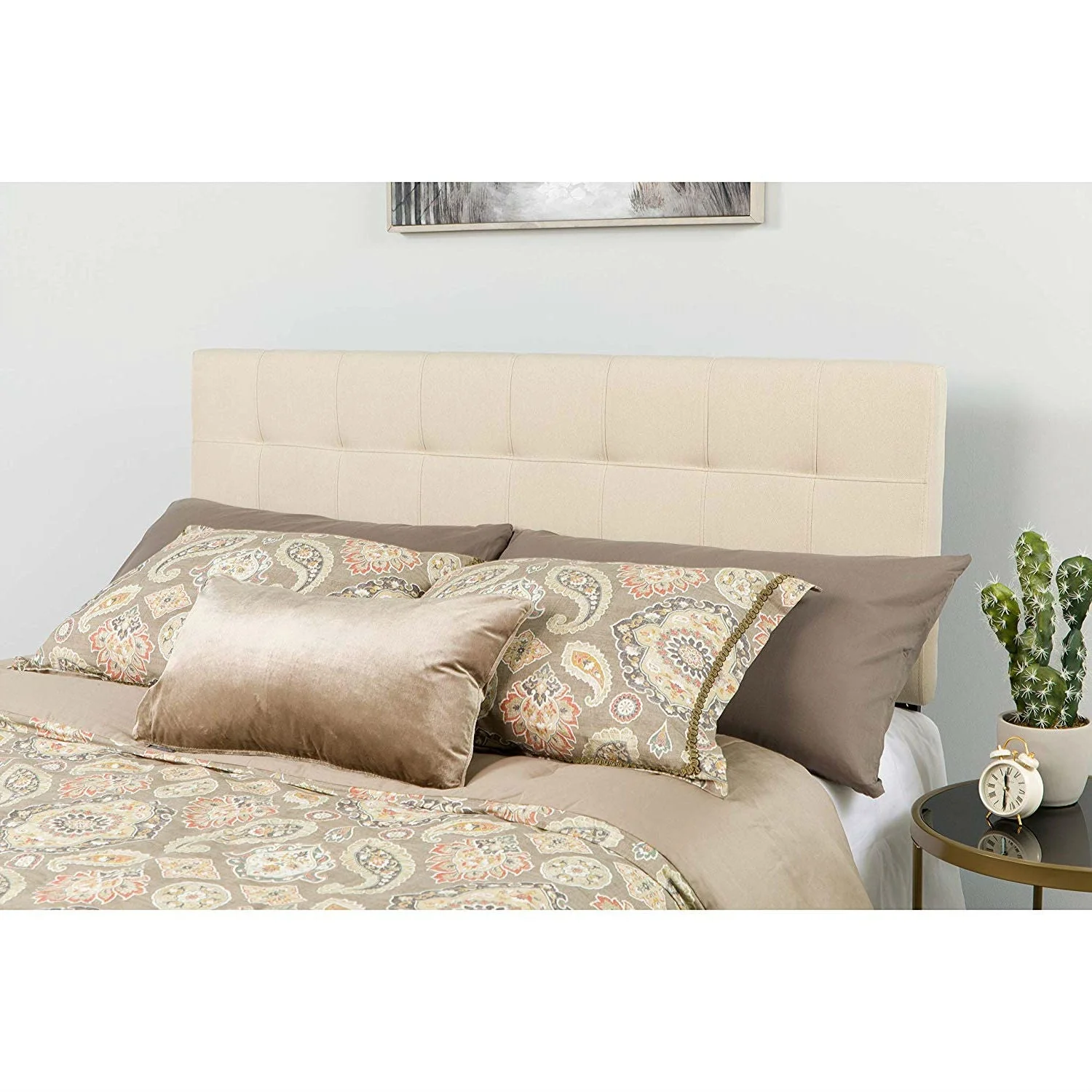 Full size Beige Taupe Fabric Box-Stitch Upholstered Headboard - Image 3