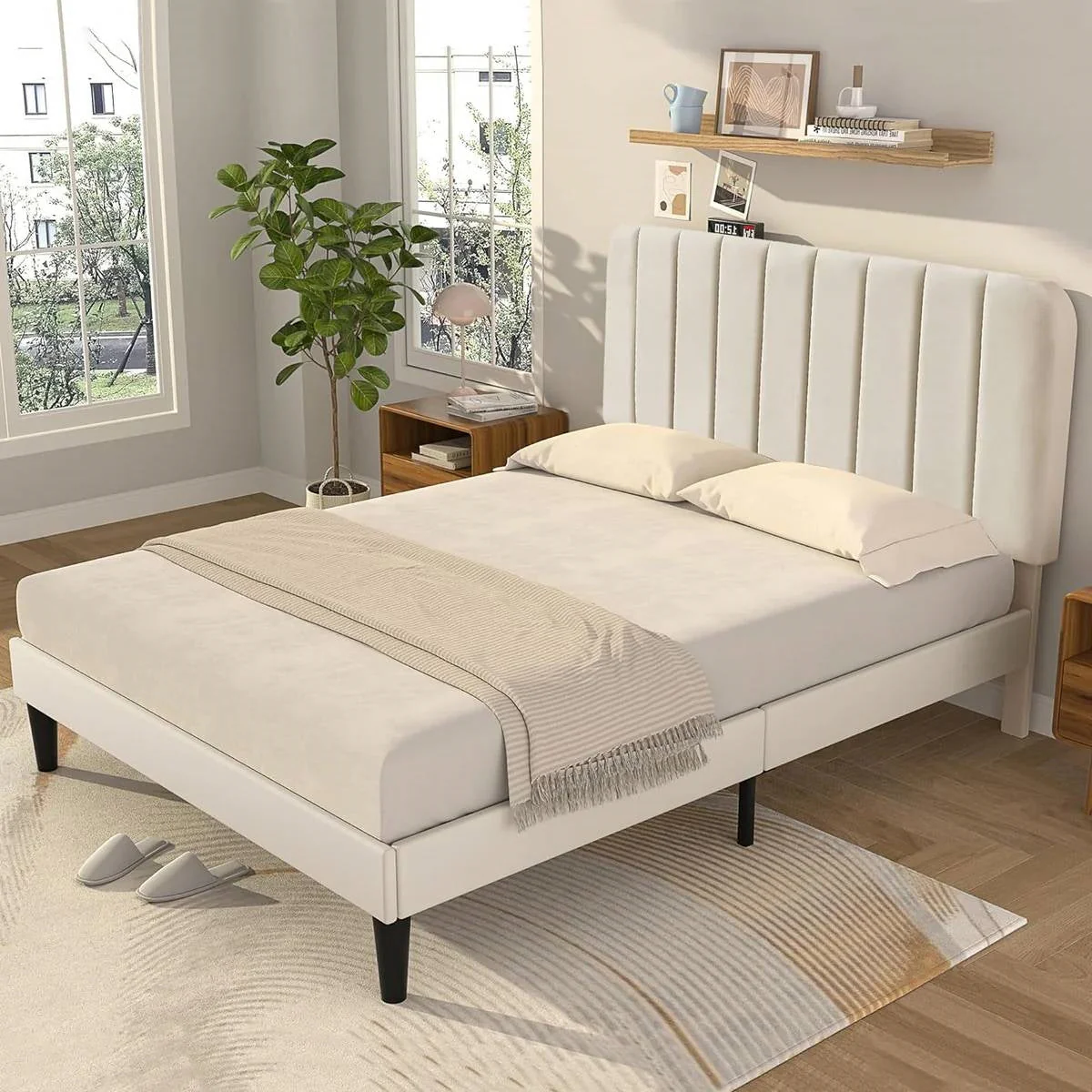 Full size Beige Upholstered Platform Bed Frame with Headboard - Image 2